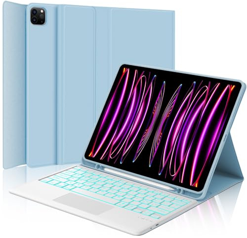 Tastiera per iPad Pro 12.9 con Touchpad, Custodia con Tastiera per iPad 12.9, Cover QWERTY Bluetooth Magnetica Retroilluminata Keyboard per ipad pro 12.9 pollici 6/5/4/3 Generazione, Azzurro