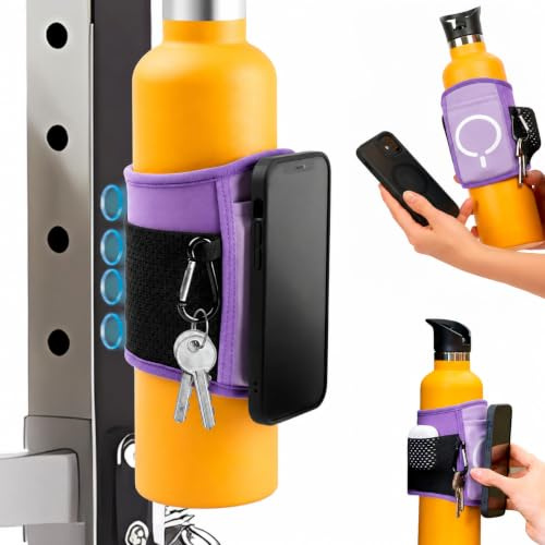 Innela Funda para Botella de Agua de Gimnasio con Imanes - Bolsa magnética– Compatible con Apple MagSafe y Android – Bolsillo para AirPods y Llaves – Shaker de Proteínas y Botella de 1 L (Purpura)