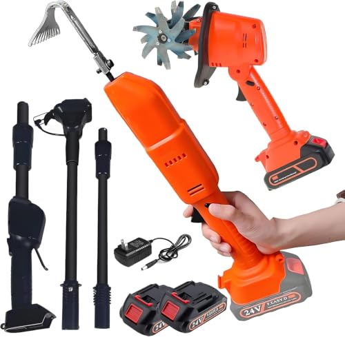 Motoculteur Léger pour Le Jardinage, Motobineuse électrique, Largeur De Travail 10 Cm, avec Houe électrique Et Perche Télescopique, 2 Batteries.