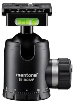 Mantona Fortress Kugelkopf 46 mm bis 25 kg, Stativkopf mit 360° Panorama-Funktion & 3 Wasserwaagen, inkl. Schnellwechselplatte und Friktionswegkontrolle