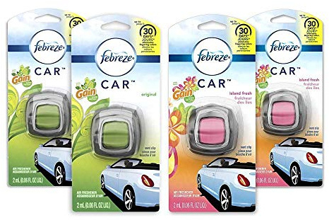 Febreze Car Air Freshener, 2 Gain Original and 2 Gain Island Fresh Scents, Odor Eliminator for Strong Odors (4 Count)