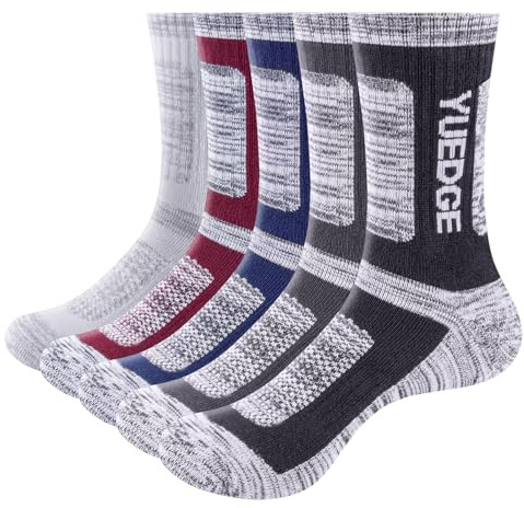 YUEDGE Men's Moisture Wicking Breathable Cushioned Casual Crew Socks Multi Performance Hiking Trekking Walking Athletic Sports Socks For Men 4-8, 5 Pairs