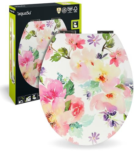 aquaSu® WC-Sitz mit Absenkautomatik, Blumen Dekor Gerbera, Soft-Touch Toilettensitz, Holz-Kern, Fast-Fix Befestigung, Standard O Form oval, Metallscharnier, samtener Soft Touch, Motiv, 40665 9