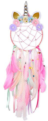 Beinou Einhorn Traumfänger Bunte Handgemachte Federn Blumen Traumfänger DIY Dream Catcher für Mädchen Kinder Kindergarten Schlafzimmer Wandbehang Dekoration Segen Geschenk