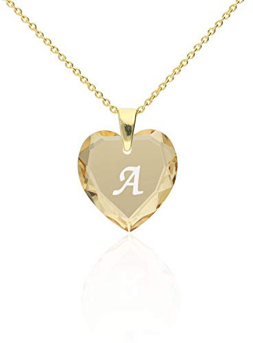 Damen Ketten mit Gravur 925 Silber vergoldet, SWAROVSKI ELEMENTS Herz Anhänger Farbe Golden Shadow Buchstabengravur A, Herzkette als Geschenk für die Frau, Freundin oder zum Valentinstag