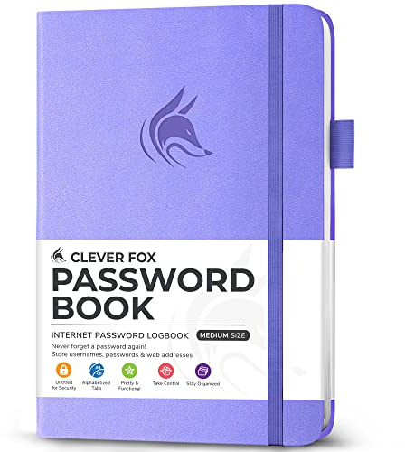 Clever Fox Password Book with alphabetical tabs. Internet Address Organizer Logbook. Medium Password Keeper for Website Logins (Lavender)