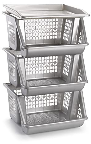 Acan Tradineur - Pack 3 cestas apilables Multiusos 58 x 38 x 29 cm，Carro verdulero 3 niveles apilables multicolores para elegir color que le gusta (Gris Plata) (PLUS)