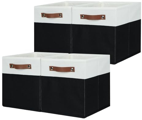 HNZIGE Cubes Storage Bins Set of 4,11 x 11 Fabric Storage Cube Baskets for Storage,Decorative Storage Bins for Shelves with Handles,Closet Clothes Baskets for Organizing Home(Black White)