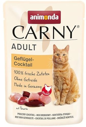 animonda Carny Katzenfutter nass Geflügel-Cocktail, 12 Portionsbeutel (12 x 85g), getreidefreies Katzen Nassfutter ohne Zucker, mit frischen fleischigen Zutaten