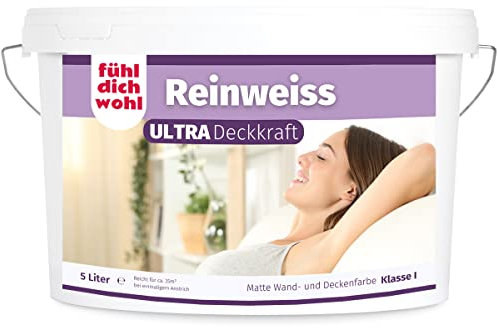 derendo FühlDichWohl Reinweiss Ultra hohe Deckkraft Klasse 1 Weiße 5l Wandfarbe weiß matt Innenfarbe Wohnraumfarbe