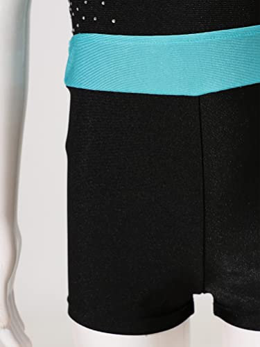YOOJIA Kinder Mädchen Turnanzug Strass Leotard Ballett Trikot Ärmellos Tanzbody und Kurze Hose Ballettanzug Wettkampf Tanzkostüm C Blau Grün 134-140