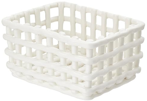 BUTLERS Regalkorb Steinzeug - CRAFT - Flechtoptik | Farbe Weiß - 20x10x16 cm - Aufbewahrungskorb für Küche & Vorratskammer - Flechtkorb für Kräuter & Gewürze