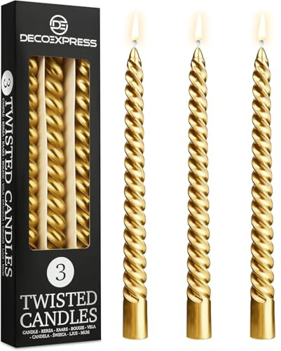 DECO EXPRESS Stabkerzen Set, 3er Packung, Tropffreie Gedrehte Bunte Kerzen, 6 Stunden Brenndauer Unparfümiert, Schlafzimmer Deko Geschenke für Valentinstag und Muttertag (Gold, 3er-Pack)