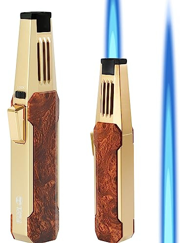 Butane Torch Lighter, Welding Torch,Super Long Flame,Refillable Kitchen Cooking Torch Windproof Adjustable Flame Solar Beam Torch Blow Torch with Safety Lock，Walnut Gold Style