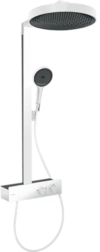 hansgrohe Rainfinity - Colonne de douche avec mitigeur thermostatique, douche pluie 360 mm avec robinet, douchette (3 jets), support, flexible, barre et douche de tête ronde 1 jet, Blanc mat, 26853700