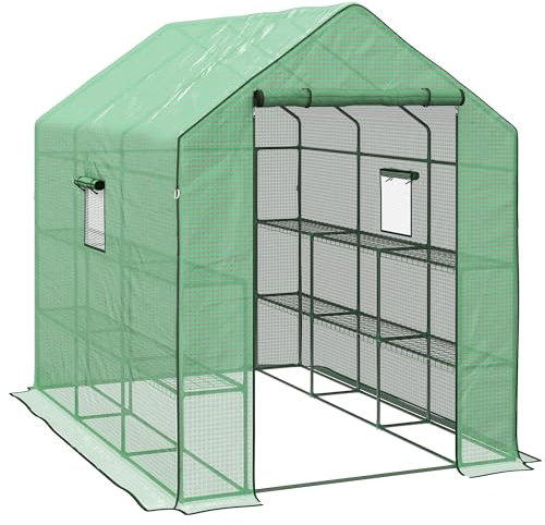 Outsunny Walk-in Greenhouse with 3 Tier 12 Shelves, Small Greenhouse with Reinforced PE Cover, Garden Plant Growhouse with Roll-up Door and Three Mesh Windows, 140 x 213 x 190 cm, Green