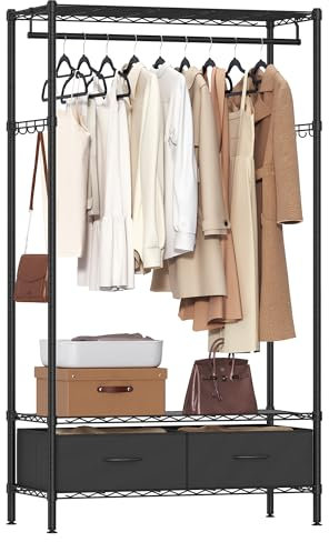SONGMICS Kleiderständer, offener Kleiderschrank, Garderobe mit Gitterablagen, Garderobenständer mit 2 Schubladen und Kleiderstange, freistehend, tintenschwarz LGR411B02