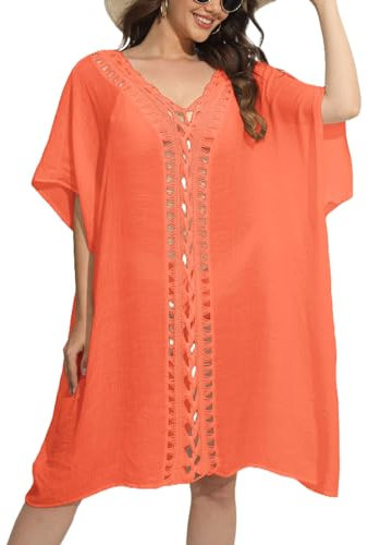 Baynetin Women's Swim Cover-Ups,One Piece Sarong Deep V Neck Hollow Out Beach Dresses Ladies Summer Solid Color Bikini Cover up Bathing Dress Beachwear (Orange)