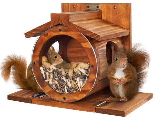 MIXUMON Holz Eichhörnchen Futterspender Eichhörnchen Futterspender für draußen Winter Holz Streifenhörnchen Futterspender für Mais Erdnüsse Langlebige Box Leicht zu befüllen mit dem Dach kann geöffnet