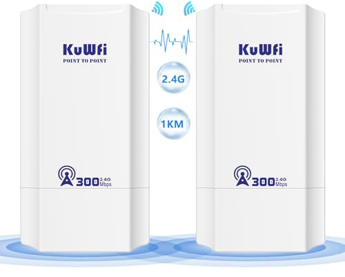 KuWFi 2.4G Point to Point WiFi Bridge, 300Mpbs Wireless Bridge Outdoor CPE with 12dBi High Gain Antenna, 1KM Long Range WiFi Extender, Ethernet Bridge for Starlink, Garden, Business, Farm, 24V PoE