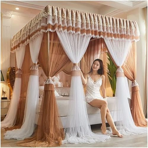 GLMGBP 4 Ecken Pfosten-Himmelbett-Vorhang, Prinzessin, bestickte Spitze, Rüschen, Betthimmel, Betthimmel-Vorhang für Mädchen und Erwachsene, Doppellagiges, durchsichtiges Mesh-Moskitonetz