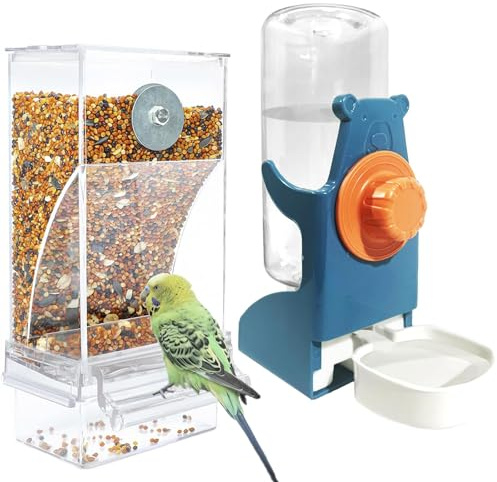 Automatischer Futterspender Vögel und Wasserspender Transparentes Acryl Vogelfutterhaus und Vogel Wasserspender Vogelkäfig, Käfigzubehör für Vögel, Papageien, Kanarienvögel (Futternapfständer+Blue)