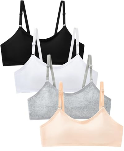 Adorel Reggiseni Sportivi in Cotone Intimo Imbottito Ragazza Confezione da 4 Nero Bianco Grigio Beige 12-16 Anni