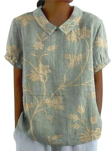 Tunika Damen Herbst Leinenbluse Art Floral Rundhals Lose Pullover Top Freizeithemd T-Shirt Tshirt 2026 Button-Down Kurzarm, Sommer Duftende Shirtbluse