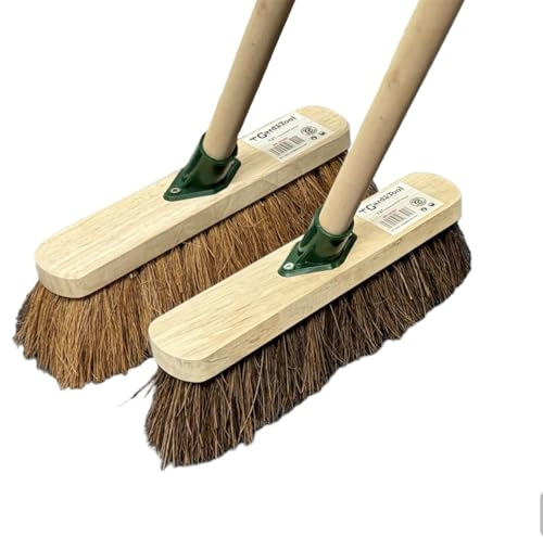 NEW 12 INCH TWIN PACK OF TRADITIONAL WOODEN SWEEPING BRUSHES - X1 STIFF OUTDOOR YARD SWEEPING BRUSH & X1 SOFT COCO BROOM WITH HANDLES