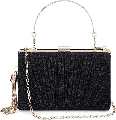 Tassel Womens Evening Handbag Shoulder Glitter Clutch Handle Chain Black | Elegant Tassel Design, Glitter Finish, Top Handle And Chain, Perfect For Wedding Party, Date, Prom
