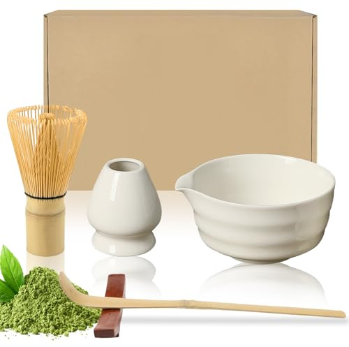 Raxfekro Juego de 5 escobas Matcha, batidor de matcha, cuchara de matcha, cuenco de matcha con boquilla, whisky matcha, juego de té matcha de cerámica (Blanco)