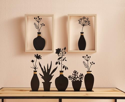 FRANK FLECHTWAREN Wanddeko Vase, 2er Set, Metall, mattschwarz, Holz, Papierschnur Maße: 20 x 25 cm