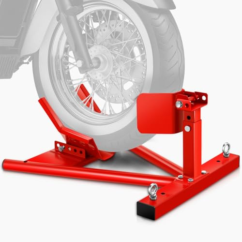 Auto Dynasty Adjustable Motorcycle Wheel Chock Stand for 15 to 21 Tires, Heavy Duty 4000 LBS Capacity Motorcycle Stand Front Wheel with Car Mount Hook and Bolt-On Option for Trailer or Garage, Red