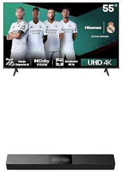 Hisense Bundle 55E6NT 139cm (55 Zoll) Fernseher, 4K UHD Smart TV, HDR, Dolby Vision, 60Hz [2024] HS2000 2.1 Kanal Soundbar, integrierter Subwoofer, 240W, Dolby Audio, Bluetooth, HDMI ARC