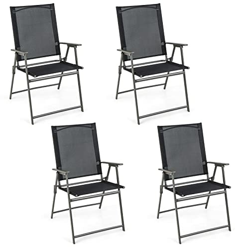 GIANTEX 4er Set Gartenstuhl klappbar, Klappstuhl Hochlehner Balkonstuhl, Terrassenstuhl mit hohen Rücken- & Armlehne, Garten Essstuhl aus Metall & Textil, bis 150 kg belastbar (Schwarz,4)