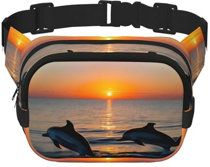 Sunset Delphins Gürteltasche mit Reißverschluss, Crossbody-Tasche mit verstellbarem Riemen zum Joggen, Radfahren, Schwarz , Einheitsgröße