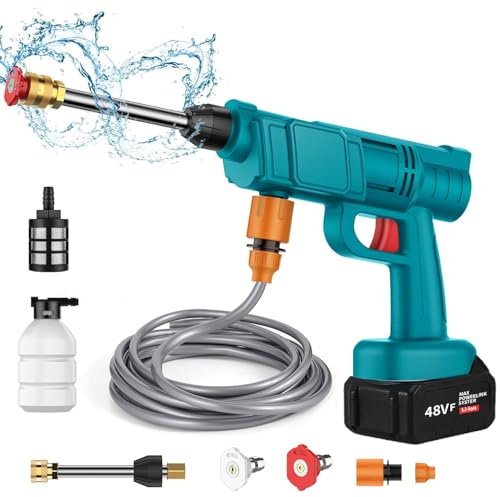 Hidrolimpiadora con Bateria, 18V Máx 30 Bar Hidrolimpiadora con 1 Batería de 4000mAh, Manguera de 5M, Press & Clean Pistola Lavado para Coche, Terraza, Ventana, Césped (con 1 Batería de 4000 mAh)