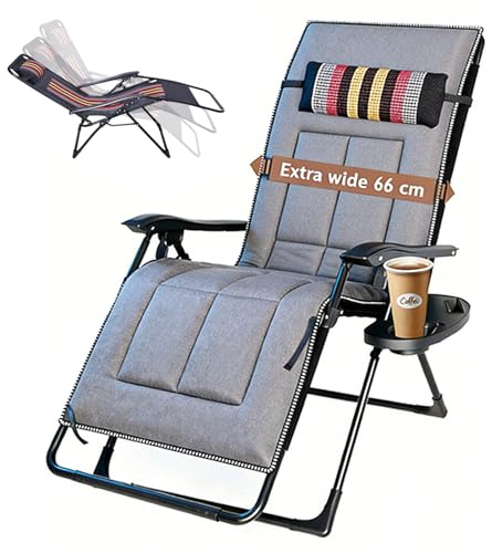 FUOIDYE Sonnenliege Klappbar, Liegestuhl Klappbar, Extra Breit Relaxliege Garten mit Abnehmbarer KopfstüTze GeträNkehalter, Klappliegestuhl mit Kissen für Patio Outdoor Balkon (Grau Streifen)