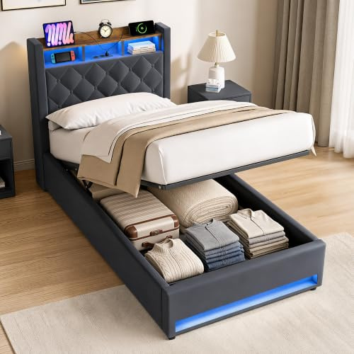 okwish Bett, Bettgestell, Einzelbett, Jugendbett, 90x200 cm, LED-Beleuchtung, Ladestation, Bettkasten, Kopfteil mit Stauraum, Metallrahmen, Lattenrost aus Holz, Samt, Grau, ohne Matratze