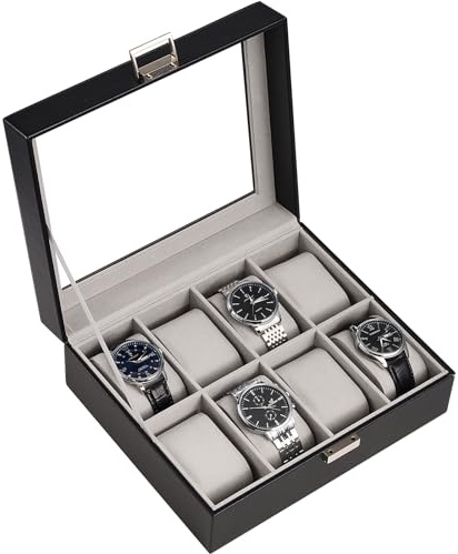 ProCase 8 Fächern Uhrenbox Uhrenkoffer Watch Box mit Glasdeckel Uhrenkissen | PU-Leder Uhrenkasten Uhrenaufbewahrung Premium-Uhrenschatulle für Herren