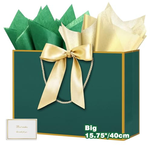HONTIUS 40 x 30 x 12,5 cm presentpåsar, gröna, stora presentpåsar Maxi XXL med silkespapper, 40 x 30 x 12,5 cm, eleganta presentpåsar, stora, födelsedag, för barn, damer, flickor, bröllop, jul