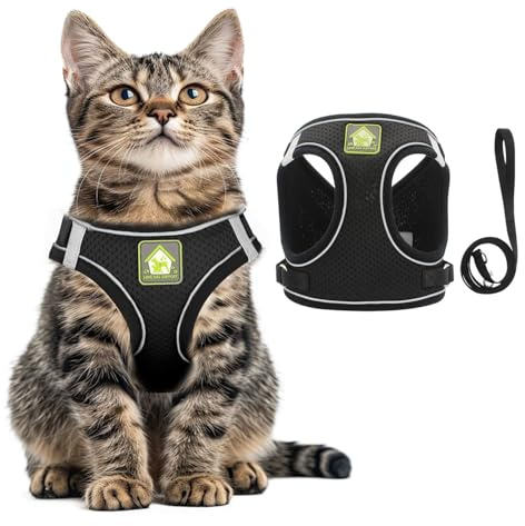 MOTIBACK Katzengeschirr mit Leine, Verstellbares Reflektierendes Katzenhalsband und Geschirrset, Ausbruchssicheres Weiches Mesh-Geschirr für Kleine und Mittelgroße Katzen. (Schwarz, S)