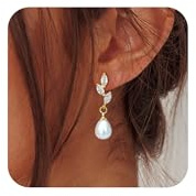 Tituthia Pearl Drop Earrings for Women Trendy, 14k Gold Pearl Earring Dainty Wedding Gold Dangle Earrings for Women Hypoallergenic Bridesmaid Bridal Prom Jewelry