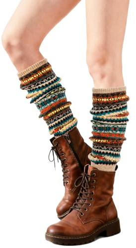 XEPST Leg Warmers Winter Warm Boot Cuffs for Women, Bohemian Style Crochet Knitted Boot Topper Socks Leg Cuffs Winter Gift for Girls, Khaki