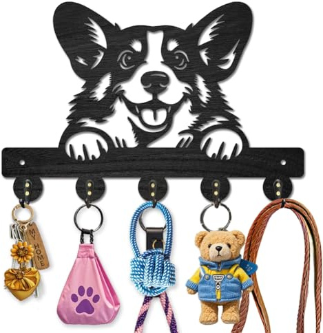 MAYJOYDIY Corgi Hund Schlüsselhalter Aus Holz Für Die Wand 30×20cm Hunde Tier Wandmontage Schlüsselhaken Mit 5 Haken Aus Legierung Für Eingangsbereich Haustür Küche Büro Geschenk Dekor