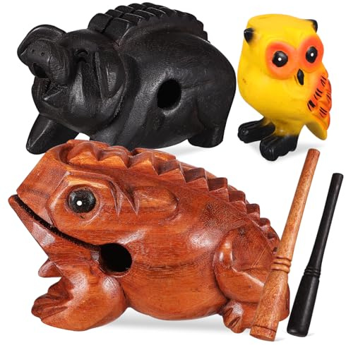 Cabilock 3 Stück Holzschlaginstrumente als Kreative Klangtiere Frosch Schwein Eule mit Sicherem Spielspaß als Geschenk für Tierliebhaber