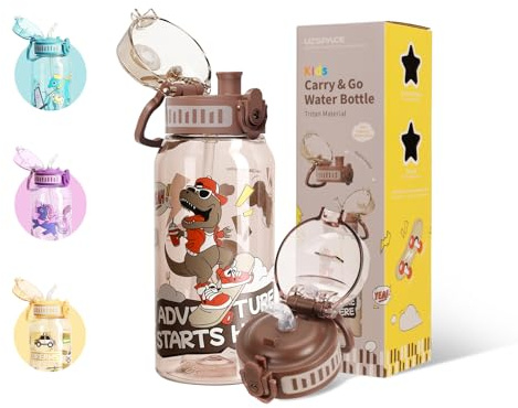 UZSPACE Kids Water Bottles with 2 Different Lids - 600ml Water Bottles for Kids - Leakproof Tritan Drinks Bottle with Straw - BPA-Free Sports Bottle for Boys Girls School, Brown