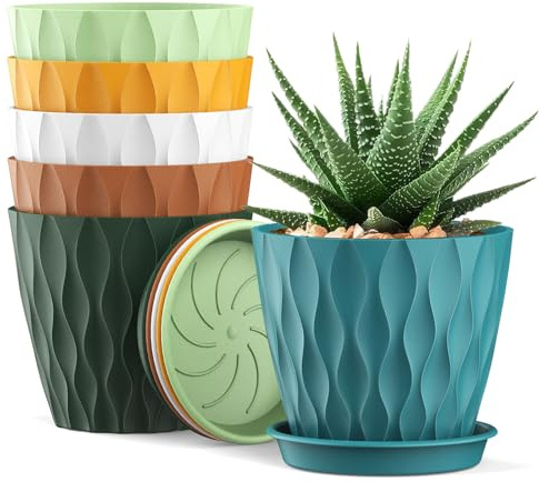 Homeuouz 6er Set Blumentöpfe 10cm – Waffelmuster mit Untersetzer, Plastik mit Löchern, für Sukkulenten, Innen & Outdoor, für Balkon & Garten, Bunt