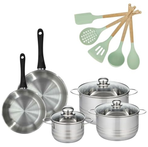 Fackelmann 9201750B Batterie cuisine 3 faitouts poêles 20/24 + 5 ustensiles | 3 faitouts 2 poêles 5 ustensiles, Inox verre et RPET, Faitout 1 6 à 5 4 L, Poêles 20 et 24 cm, Induction vitrocéramique gaz