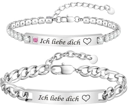 Freundschaftsarmbänder Zirkonia Partner Armbänder mit Gravur - 2 Stück Edelstahl Armband Freundschaftsarmband Armkette für Damen Herren, Verstellbar Pärchen Armband Geschenk für Liebhaber Couple